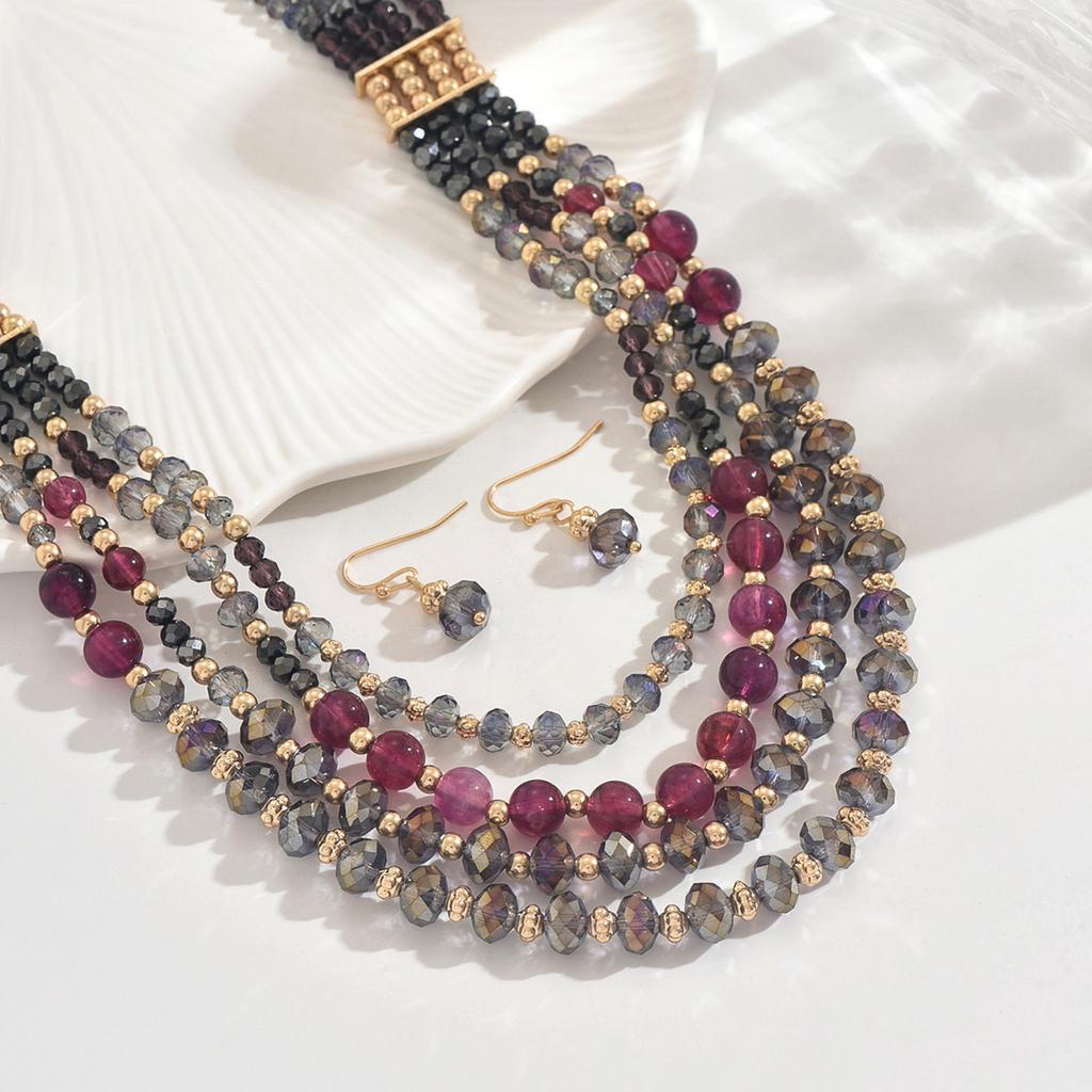 Multilayer Vintage Elegant Glass Beads Choker Necklace and Earrings Set for Women Fashion Jewelry Hot Sale Party Gift New Style