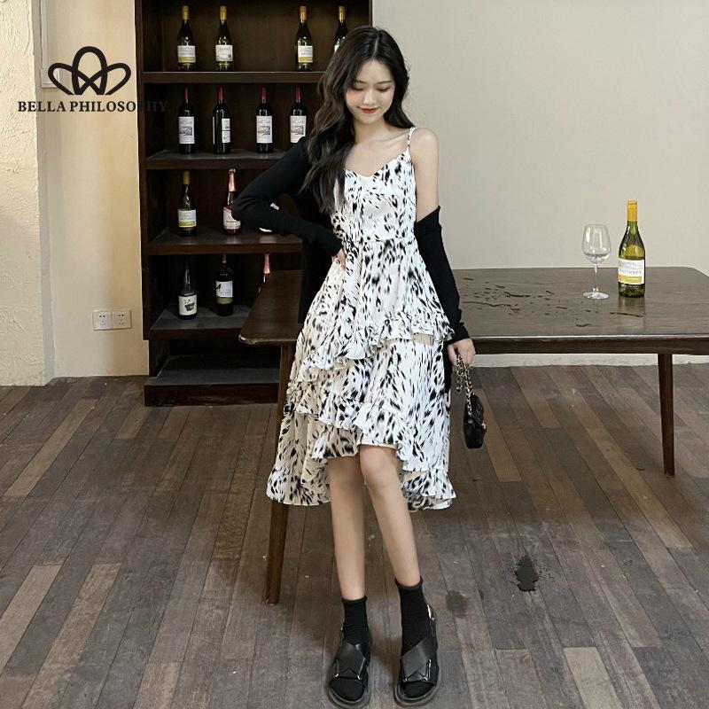 French Style Gentle Floral Print Sling Waist Dress Women's Summer Design Printed Irregular Skirt Ruffled Dress