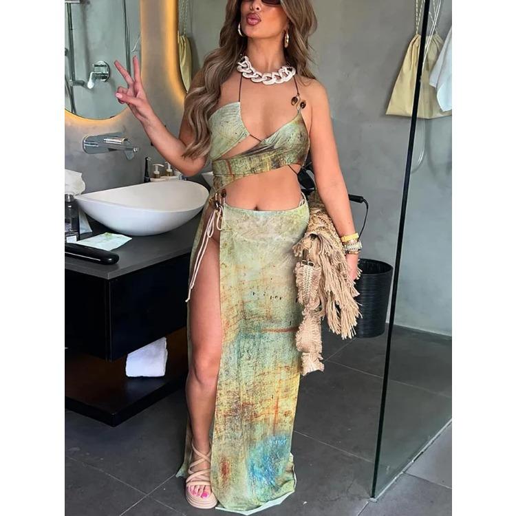 Aesthetic Printed Two Piece Set Women Halter Bandage Irregular Camis+High Side Split Maxi Skirts Female Vacation Outfits