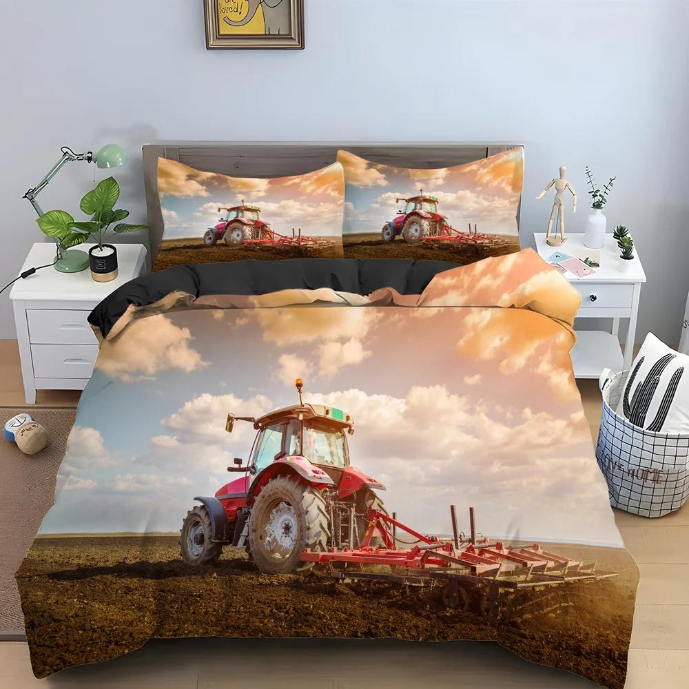 Tractor Truck Duvet Cover For Boys Kids Car Excavating Machinery Farm Vehicle Tool Quilt Cover Polyester For Bedroom Decorations