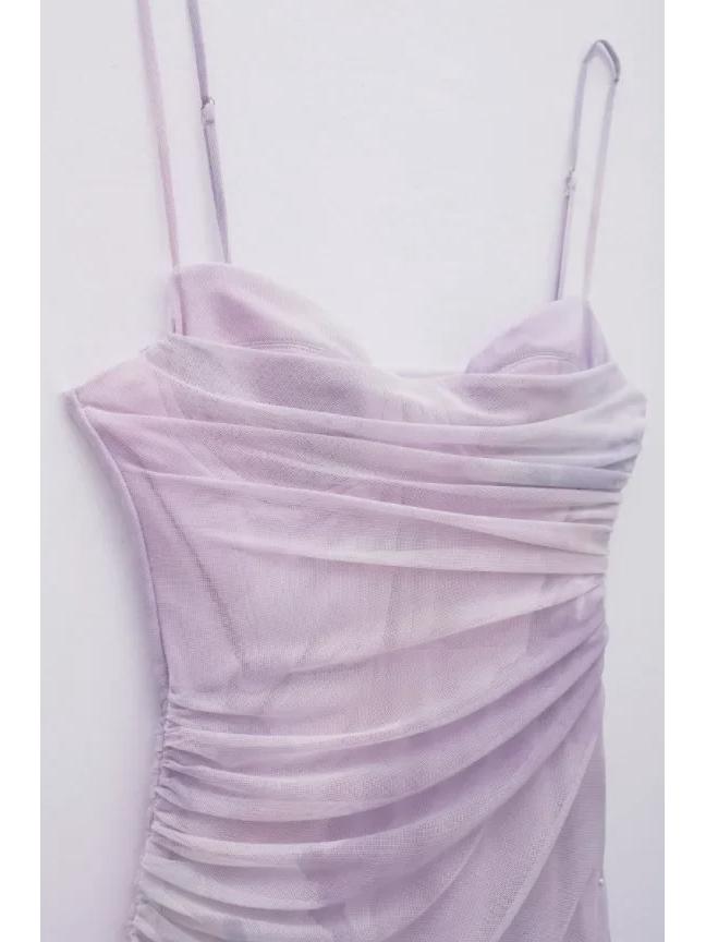 2024 Summer Lavender Pleated Tulle Slim Suspender Dress