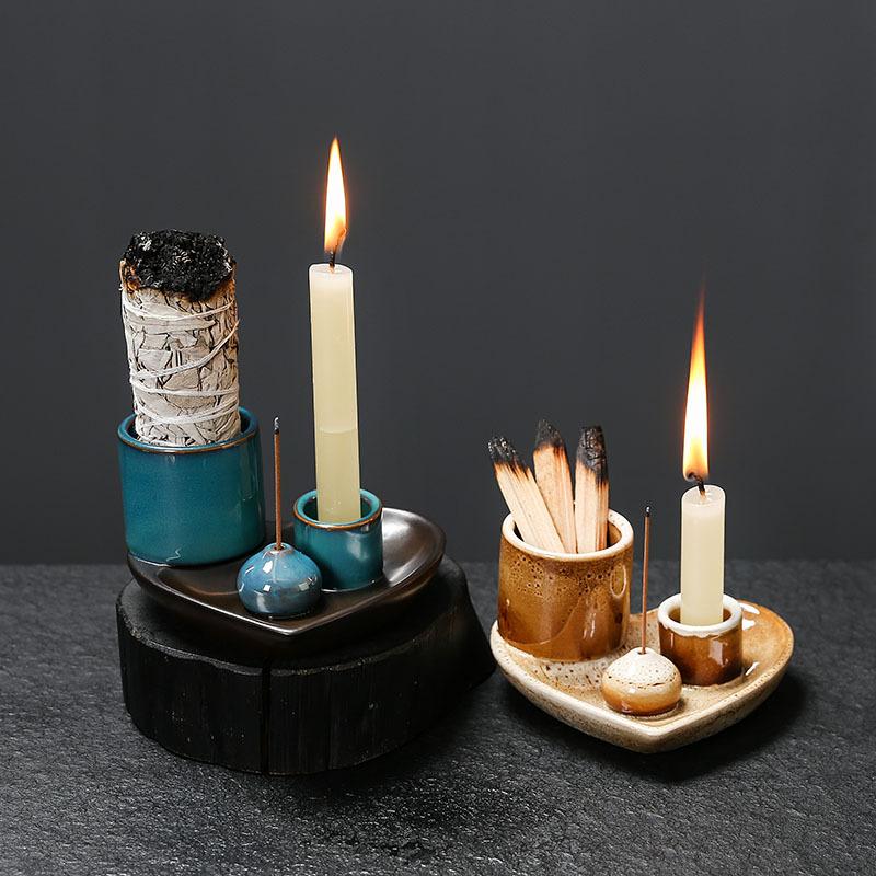 5-in-1 Keramik Räucher- & Kerzenhalter mit Aschefänger-Ablage Perfekt zum Räuchern mit Salbei, Smudge, Meditation und Yoga Räucherhalter