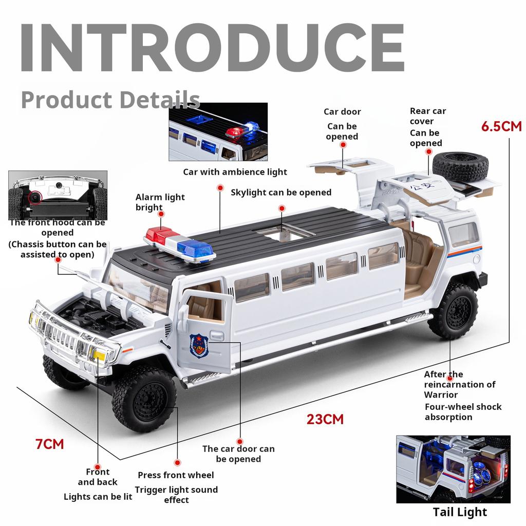 1:32 Extended Hummer Alloy Police Car Model Diecast Metal Toy Cars with Pull Back Sound and Light boys gift collectibles