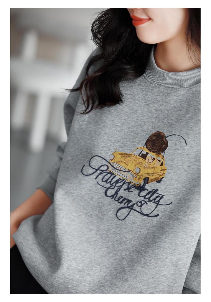 2025 Autumn Women's Cotton Round Neck Printed Casual Loose Slimming Long Sleeve Hoodie Top