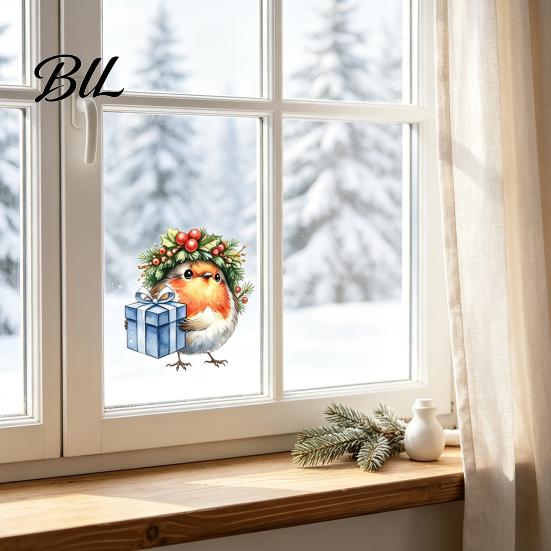 Christmas Party Glass Decorations Bird Static Window Sticker, Cute Watercolor Stickers with Wreath And Gift Box, PVC Decals for Waterproof Clings
