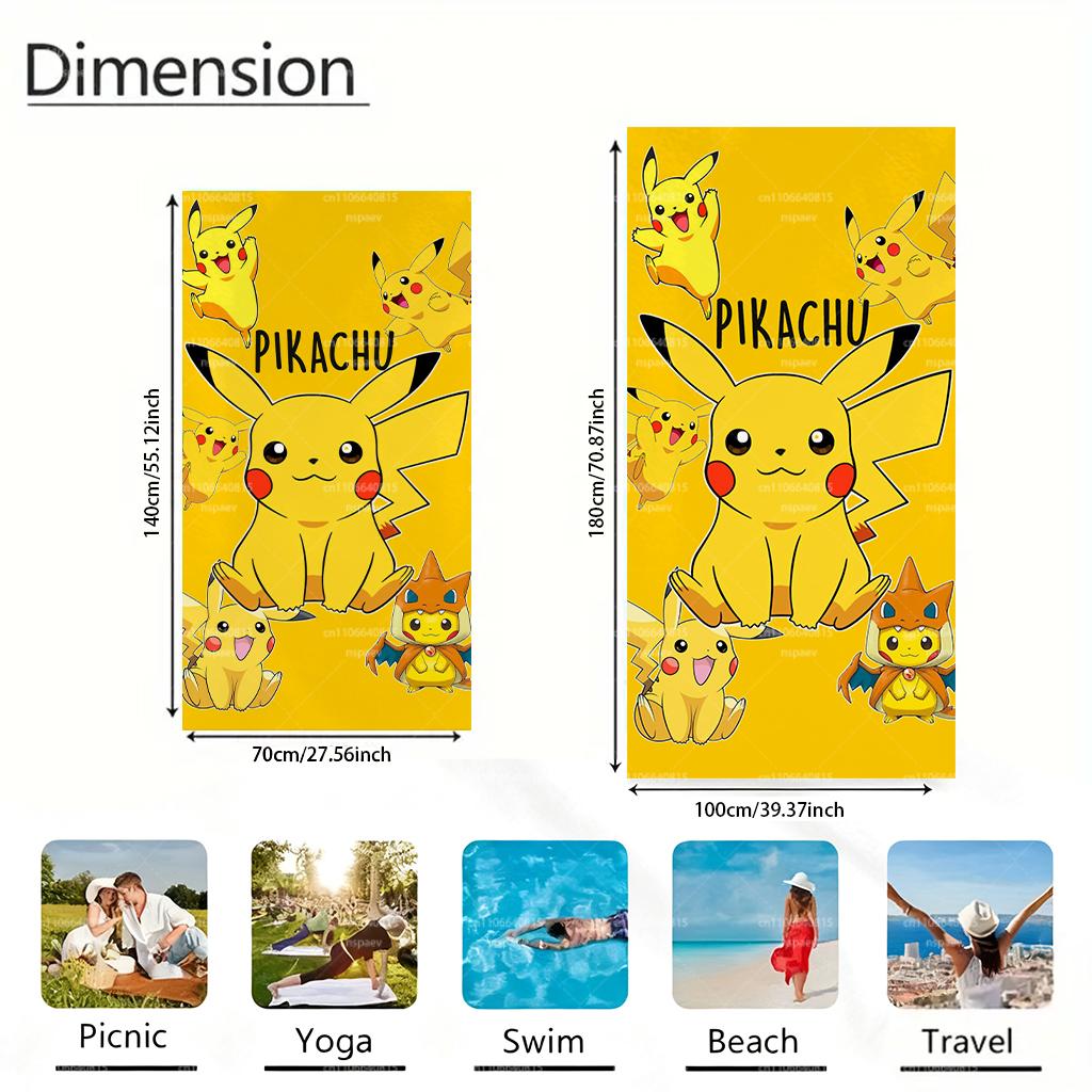 Pikachu Pokemon Beach Towel, Cute Yellow Pocket Monster Quick Dry Microfiber Towel for Kids Adults Pool Travel