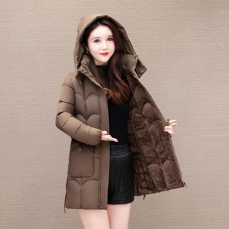 

Зимовий щільний бавовняний пальто з флісовою підкладкою для жінок, довга тепла куртка, модна проста термоізоляційна верхній одяг 5XL хакі