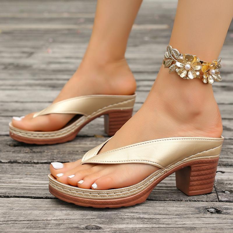 Casual Silver Pu Strap Flip Flops Women Vintage Round Toe High Heels Slip On Sandals Women Summer Elegant Shoes for Ladies