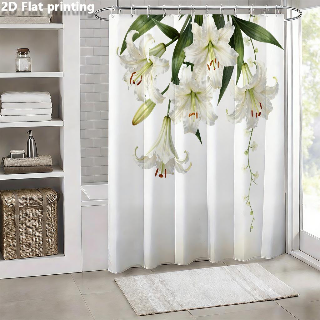 White Lily Shower Curtain 1Pc Polyester 2D Flat Print 70.8X70.8" Realistic Floral Green Leaves Grommet Top