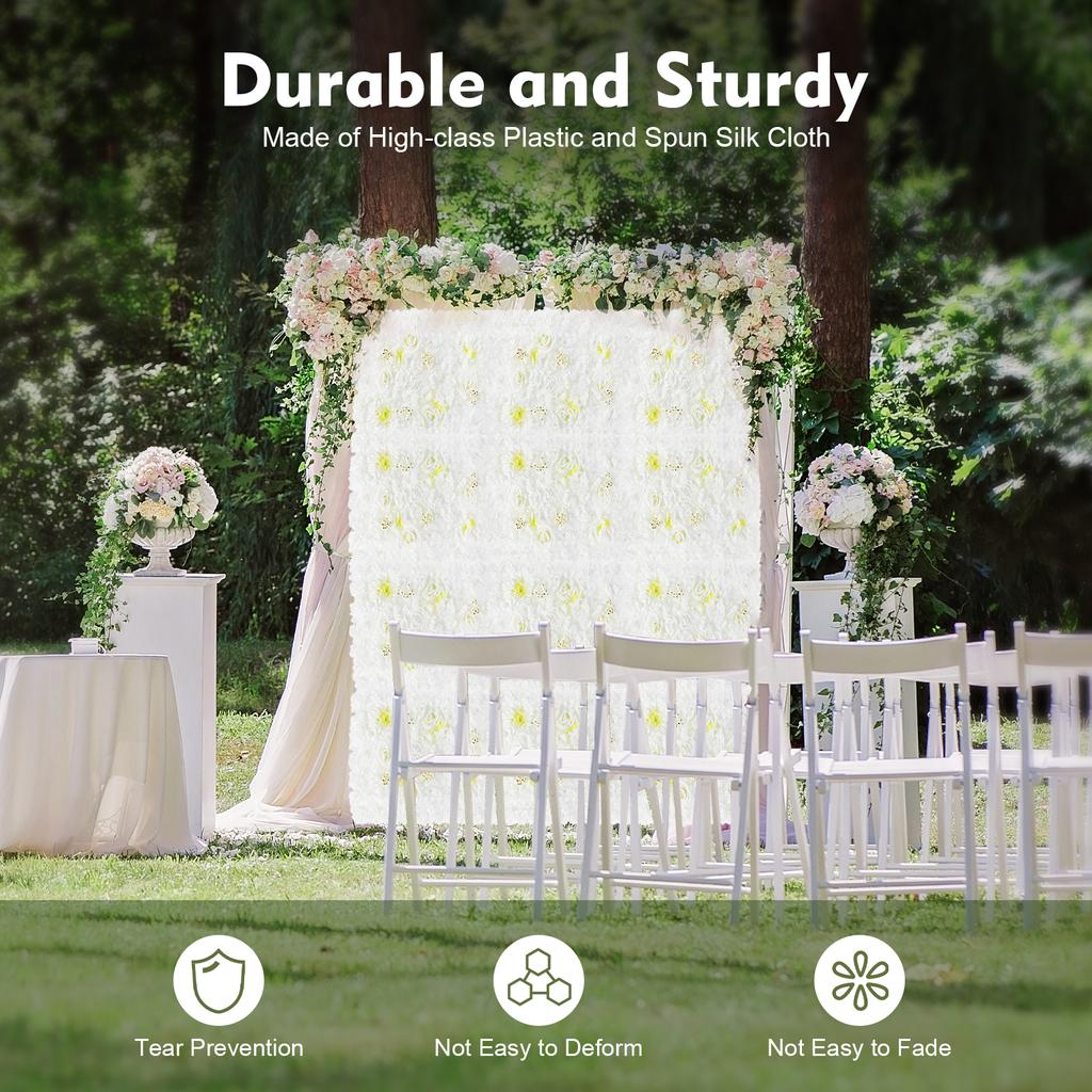 12PCS Wall Mounted Artificial Silk Flower Wall Panels, Elegant White Dahlia Rose Hydrangea Backdrop for Wedding Party Home Decor