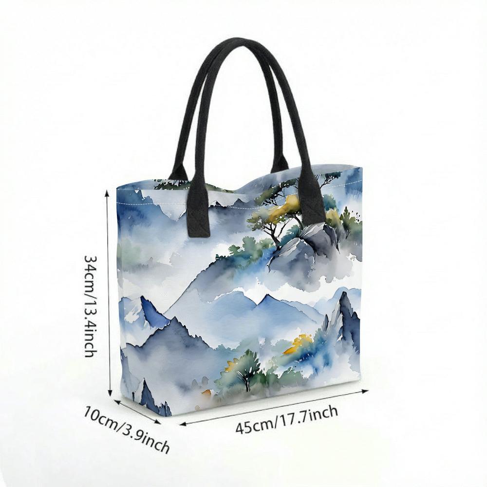  Watercolor Landscape Tote Bag Large Capacity Aesthetic Daily Shoulder Bag for Women Casual Travel Commute Portable Handbag