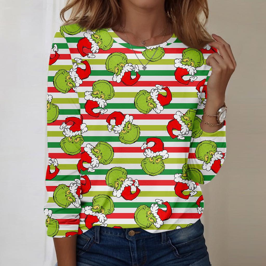 Women's Fashion Casual LongSleeve Print Round Neck Pullover Top Blouse