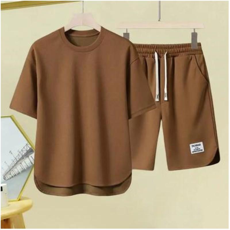 Men's Summer Loose Sports and Leisure Suit Solid Color Simple Short-sleeved T-shirt + Shorts Two-piece Set
