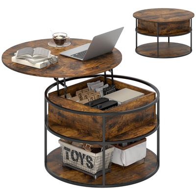 Runder Couchtisch mit Lift-Top, Stauraum, Seitenregalen, Stahlgestell, Kaffeetisch, Braun