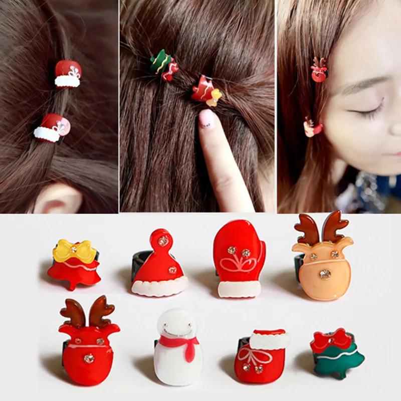 7pcs/Pack Cute Mini Children 's Christmas Ornaments Santa Claus Snowman Deer Hair Accessories Claws(random Style)