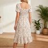 Women Square Neck Floral Print Short Sleeve Midi Dress with Ruffle Hem and Elastic Waist Casual Loose Fit Style