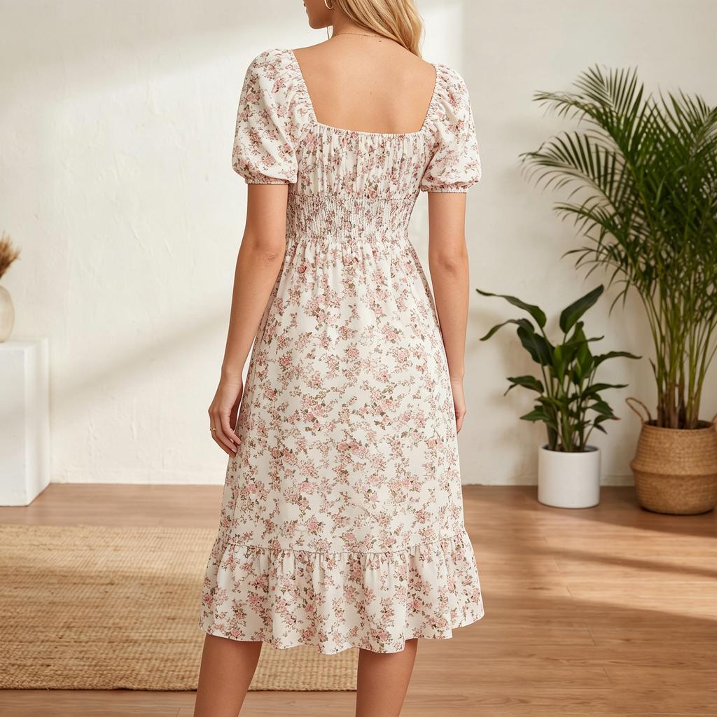 Women Square Neck Floral Print Short Sleeve Midi Dress with Ruffle Hem and Elastic Waist Casual Loose Fit Style