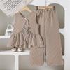 Girls' Fashionable Outfit - Summer Children's Casual Striped Sleeveless Shirt and Loose Straight-leg Pants Set