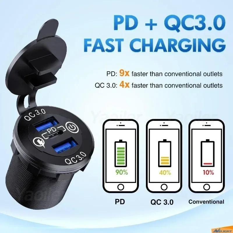 

12V Quick Charge 3.0 USB C Outlet 66W Car Charger Socket Adapter with Switch and C to C Cable for Boat Marine Truck Motorcycle
