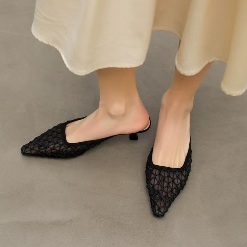 Mesh Lace Fashionable Women's Slippers 2025 Summer New Sexy and Elegant Pointed-toe Breathable Thin Heel Women's Shoes