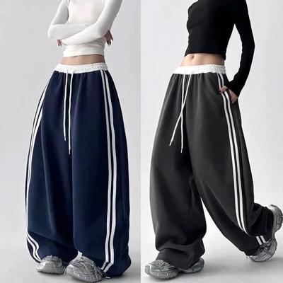 Women Spring Striped Contrast Wide Leg Pants, High Waist Loose Fit Straight Trousers, Casual Floor‑Length Sweatpants for Daily Streetwear