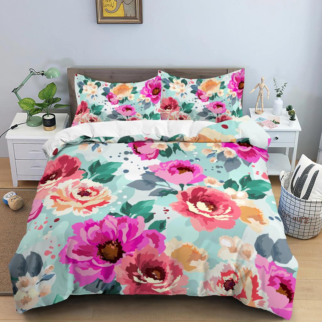 Flower Bedding Set Colorful Floral Duvet Cover Queen King Size Green Leaves Blossom Quilt Cover 2/3Pcs Polyester Comforter Cover