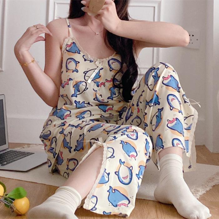 2023 Summer Women's Retro Floral Spaghetti Strap Long Pants Pajamas