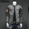 Men's Personalized Patch Denim Jacket Coat Casual Standing Collar Grid Large Size Denim Coat