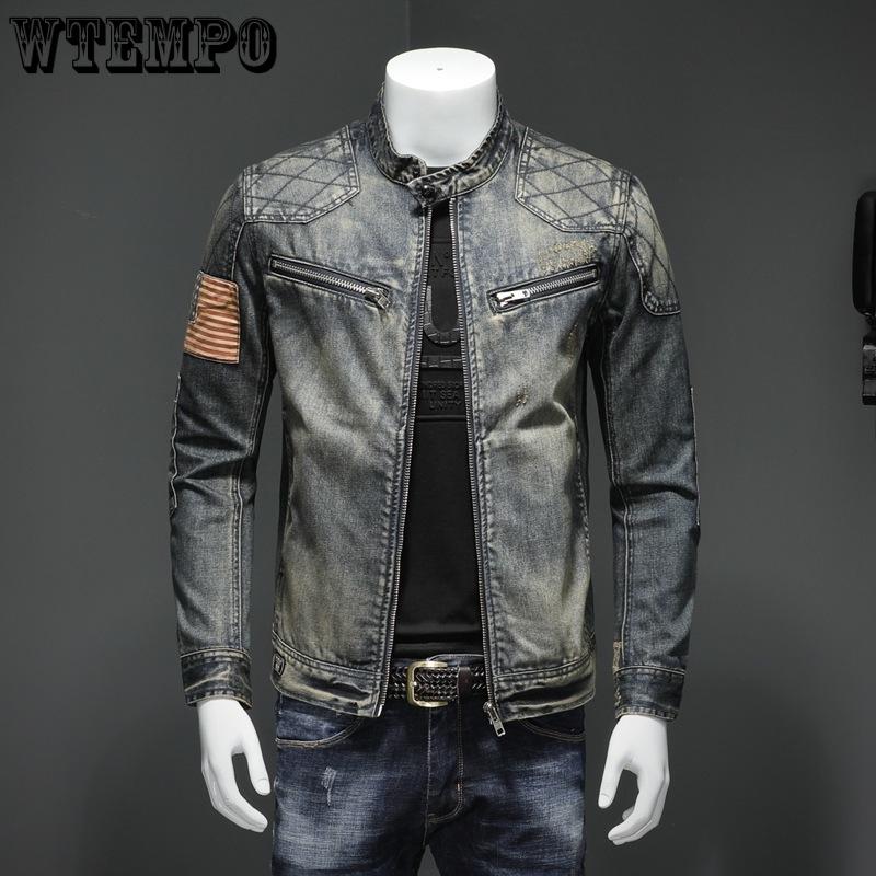 Men's Personalized Patch Denim Jacket Coat Casual Standing Collar Grid Large Size Denim Coat