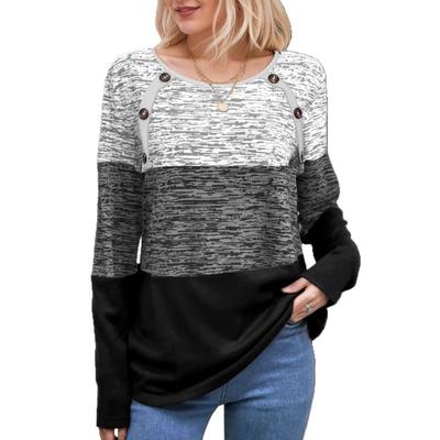 Damen Pullover Lässig Mode Knopf Farbblockdruck Langarm Rundhals T-Shirt Top