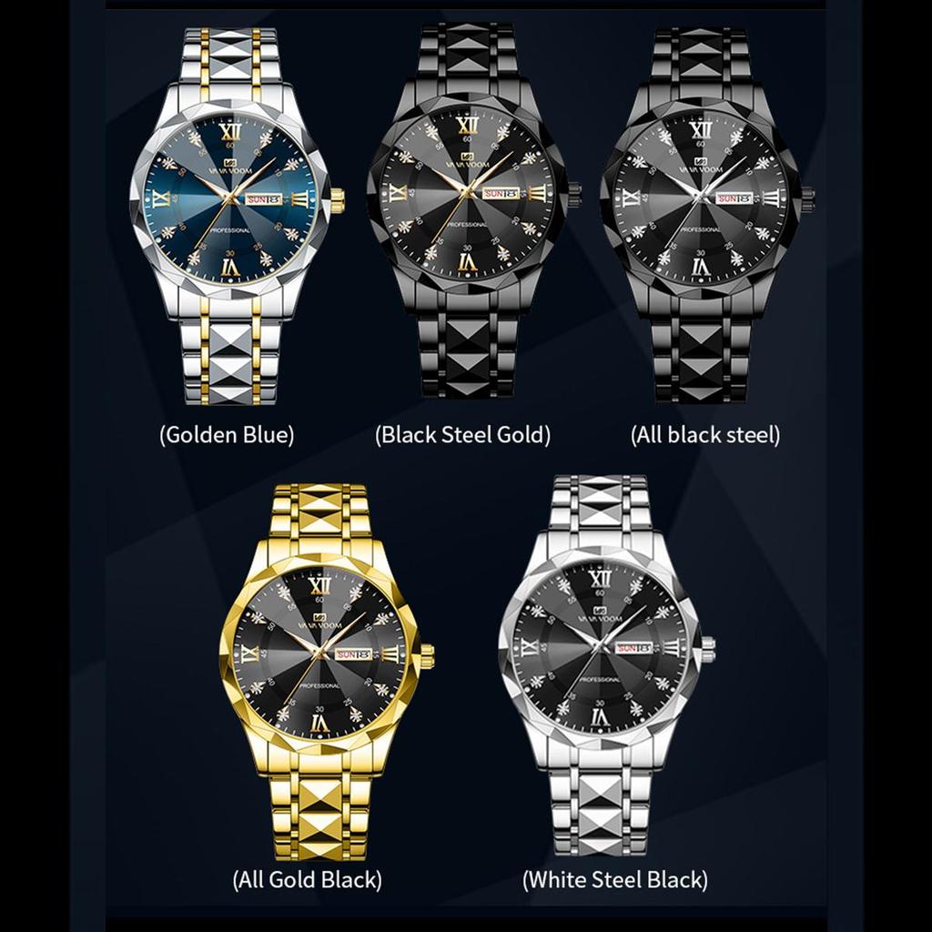 VA VA VOOM Luxury Men’s Quartz Watches Man 30m Waterproof Luminous Date Week Stainless Steel Men Watch Casual Sports Women Quartz Watches Male Clock
