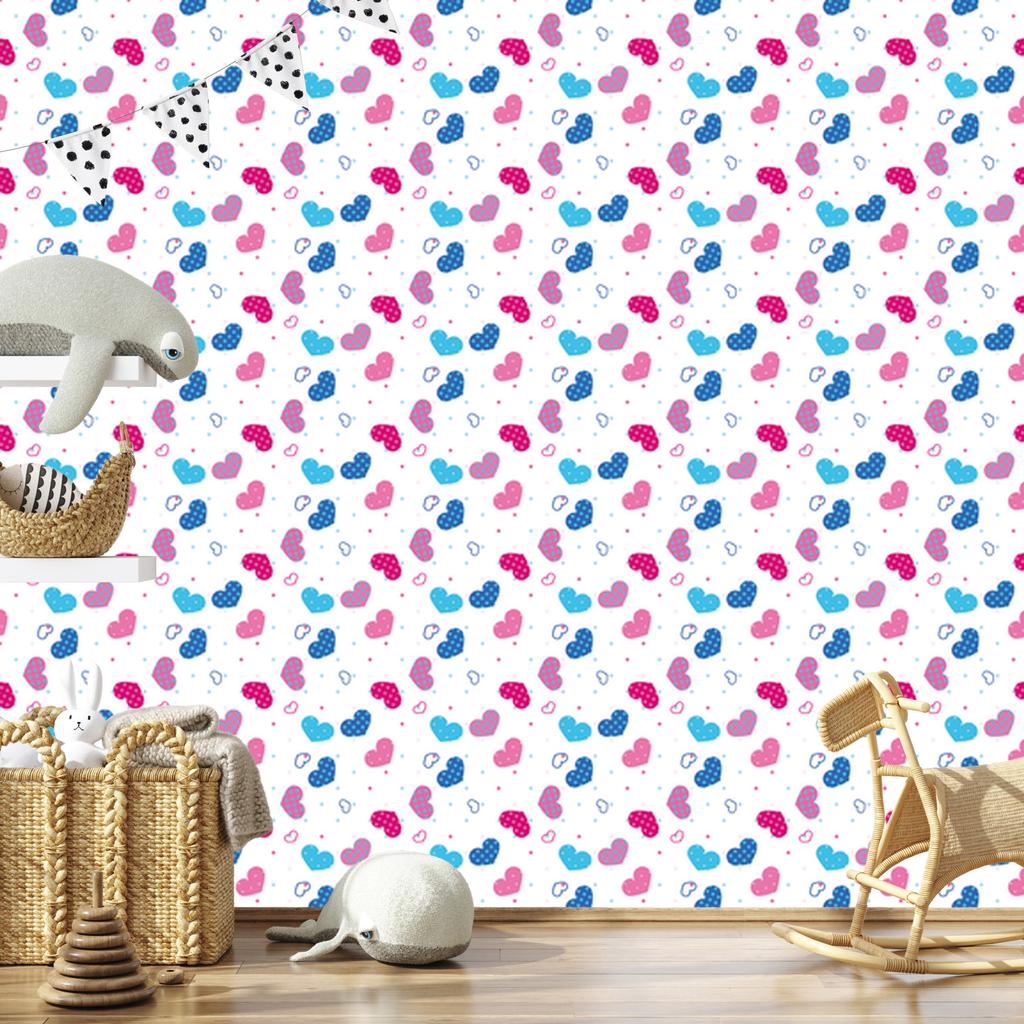 Wallpaper Blue, Pink and White Hearts for Living Room and Bedroom 50x1000