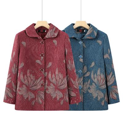 Winter Coats Women Retro Printing Jacket Lapel Long Sleeve Woolen Middle Aged Mother Cardigan Outerwears