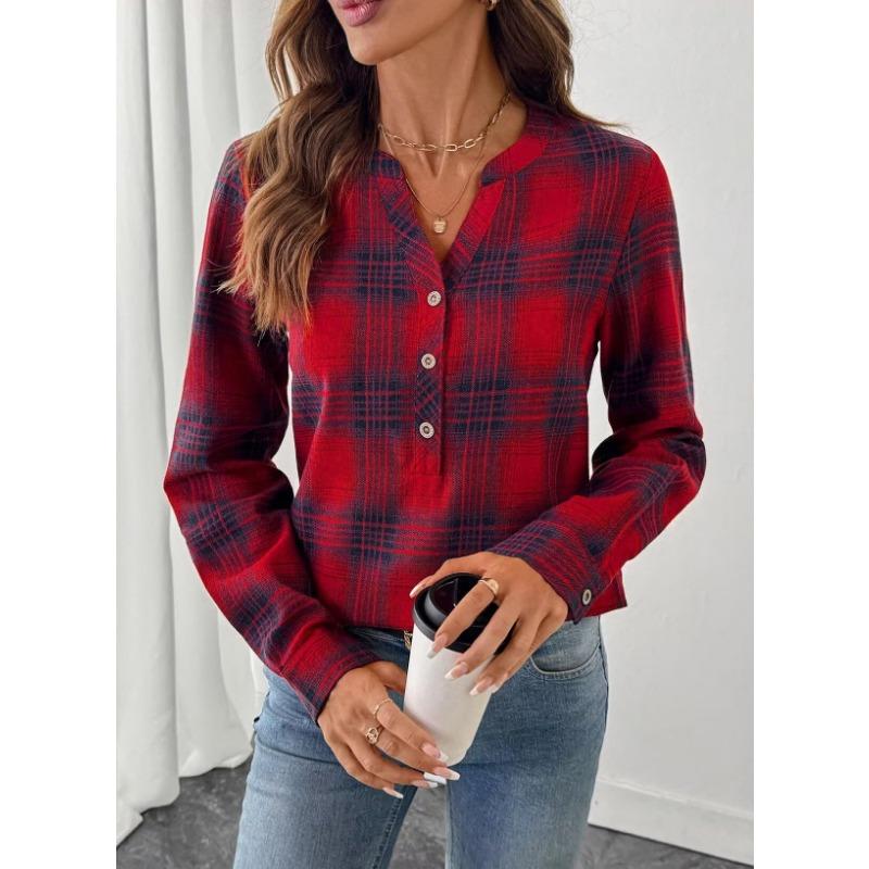 Women S V Neck Plaid Long Sleeve Casual Shirt
