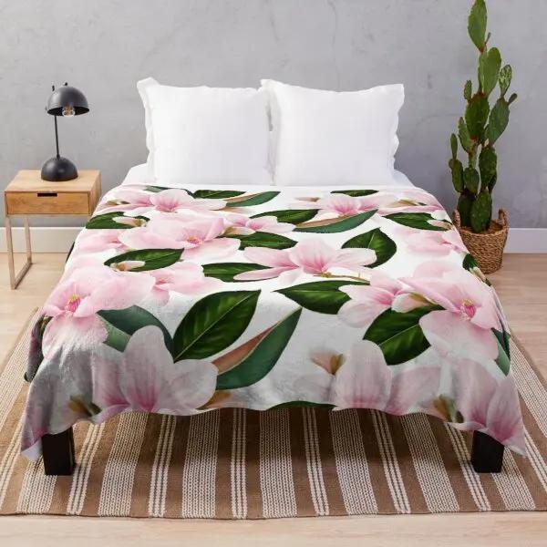 White Pink Cherry Blossom Flannel Throw Blanket Romantic Flowers King Queen Full Size For Living Room Sofa Couch Lightweight