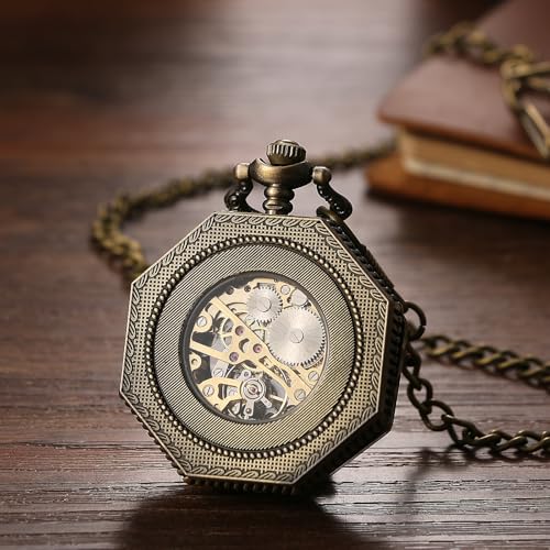 Antique Mechanical Pocket Watch with Hand-Wound Skeleton: Octagonal Roman Analogue Pocket Watch with Retro Pendant and Brown Chain - Perfect Gift for