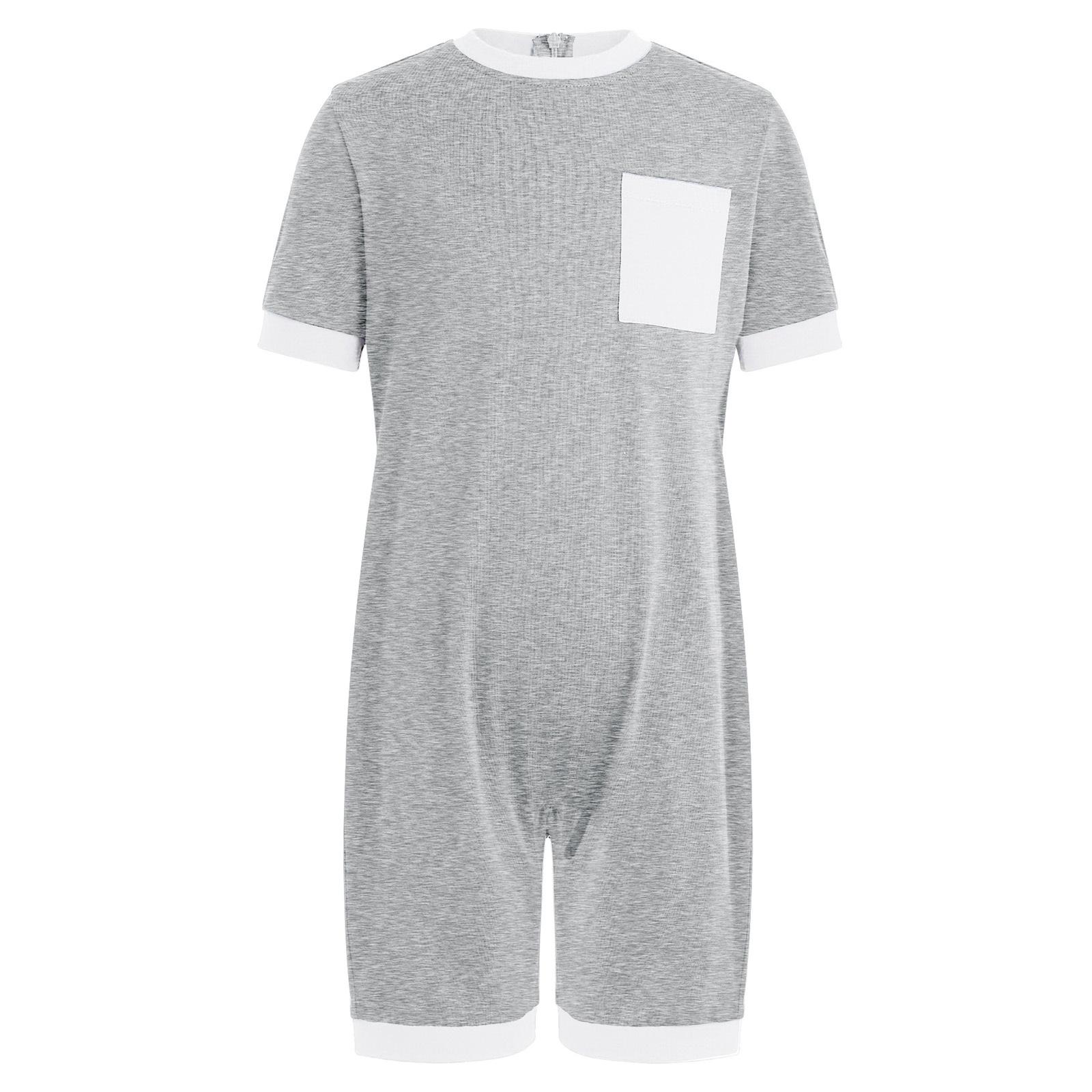 Unisex Kinder Adaptive Kleidung Anti-Strip Rücken Unsichtbarer Reißverschluss Strampler Kurzarm Kontrastfarbe Oberschenkellänge Overall 5-6 Years grau