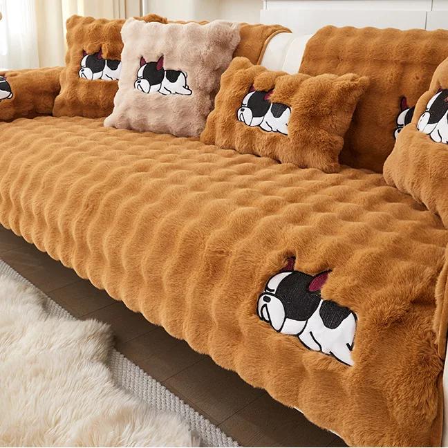 Plush Solid Color Sofa Cover Autumn Winter Thicken Sofa Cushion Anti-Slip Sofa Cover Cartoon Small Dog Embroidery Couch Cushion