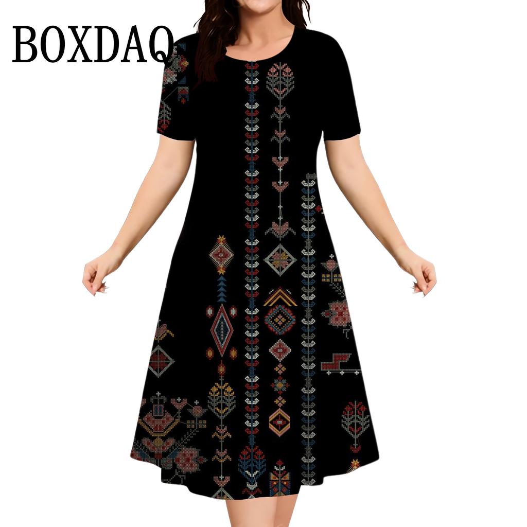 Bohemian Print Elegant Ethnic Style Fashion Plus Size Loose Dress Summer Vintage Trend Women's Short Sleeve Dresses