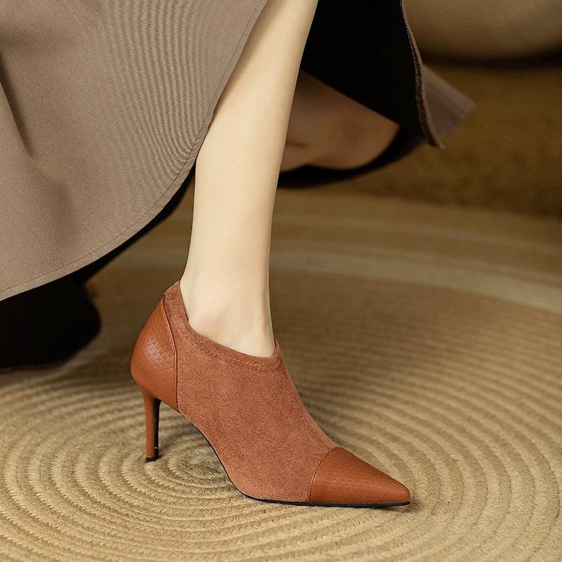 Fashion Coffee Splicing Thin Heel Short Boots for Women Spring Autumn Sexy Stiletto Heel Pointed Toe Bare Boots Female Ankle Boots Shoes