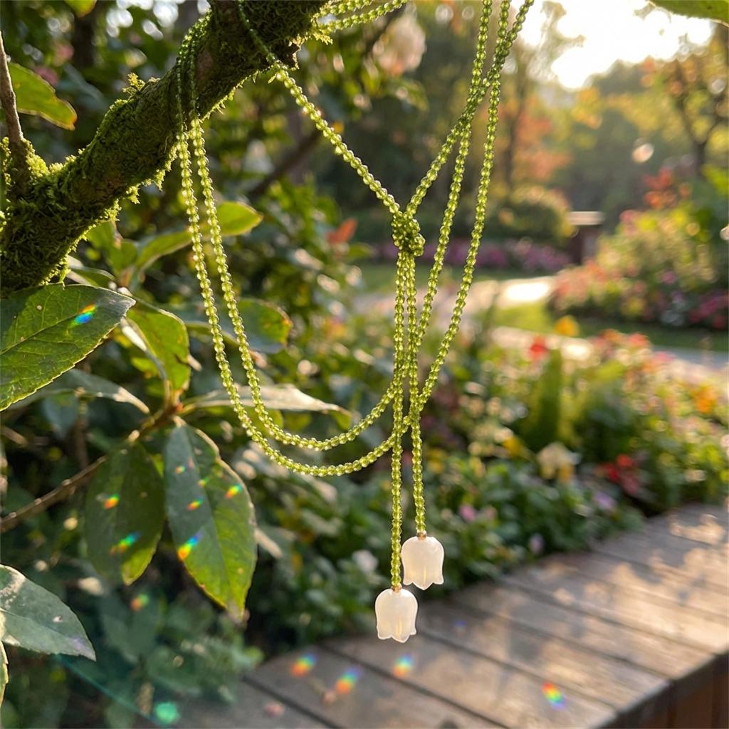 Romantic Fairycore Green Crystal Beaded Lariat Necklace for Women White Lily Pendants Versatile Choker Accessories Jewelry Gift