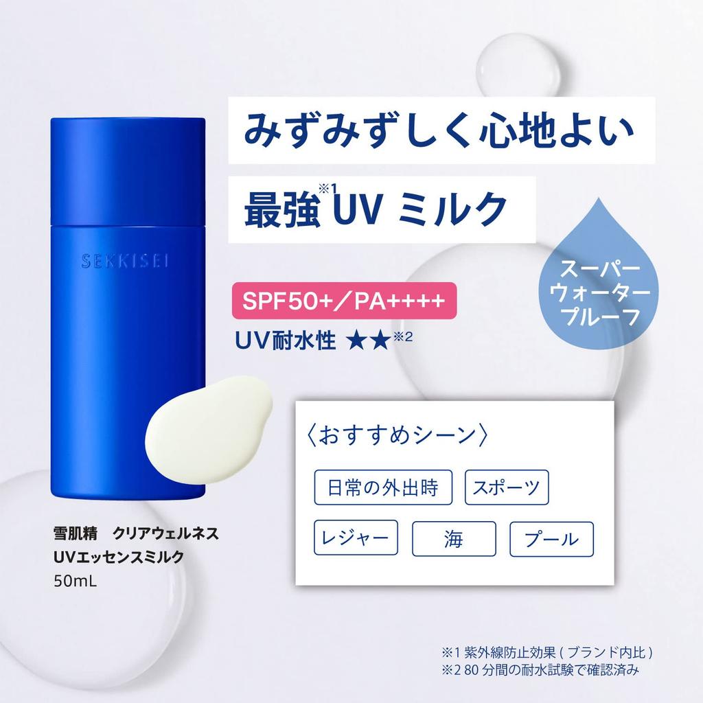 Sekkisei Clear Wellness UV Essence Milk 50mL Sunscreen SPF 50+ / PA ++++ For Face and Body, Super Waterproof