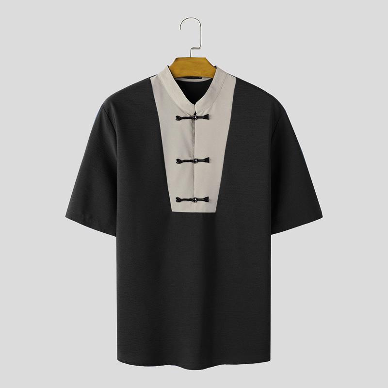 

INCERUN винтажные мужские рубашки с воротником-стойкой в ​​китайском стиле с короткими рукавами летние лоскутные топы M