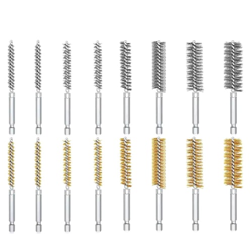Deepa Ribusu Wire Brushes for Electric Drills, Hex Shank, 8mm, 9mm, 10mm, 11mm, 13mm, 15mm, 17mm, 19mm, Set of 16, Brass Brushes, Polishing Br