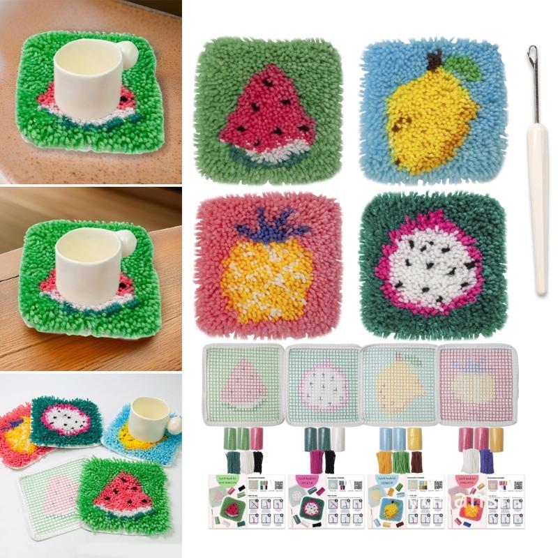 Latched Hook Coaster Kits for Adults Starter Embroidery Kits Coaster Making Kits Fruit Coaster Needlework Crafts Kits