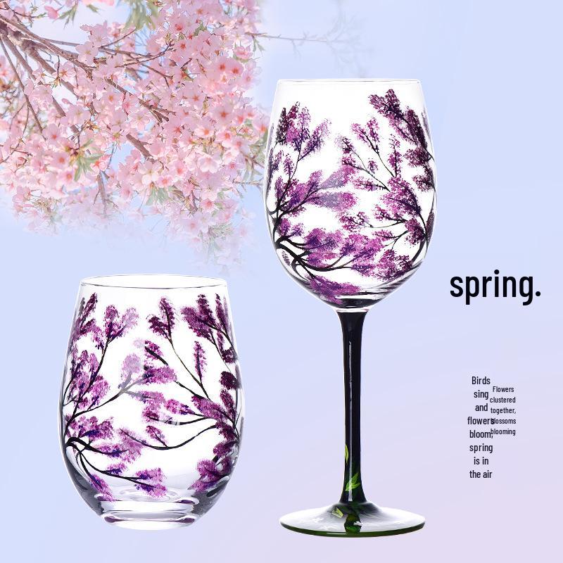 Four Seasons Hand-Painted Crystal Glass Goblet & Egg Cup Set