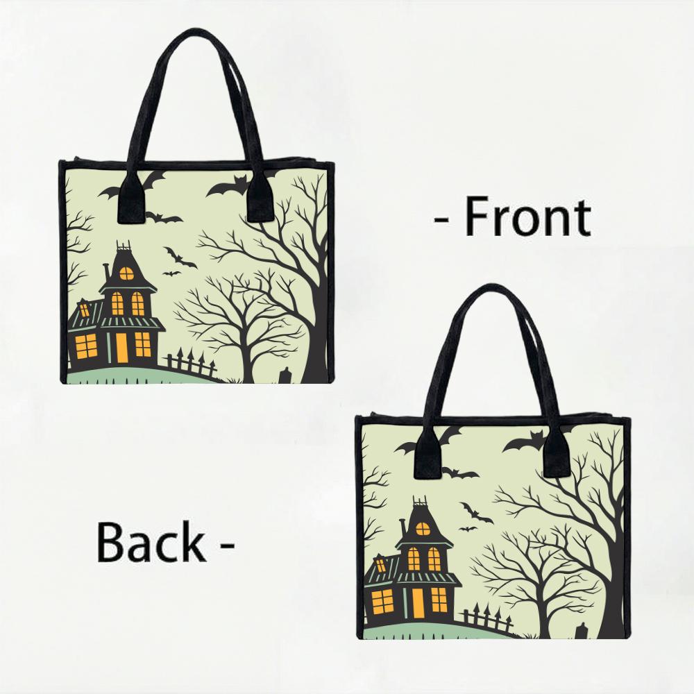 Halloween Spooky House Tote Bag Cute Bat Print Fashion Portable Casual Shopping Handbag