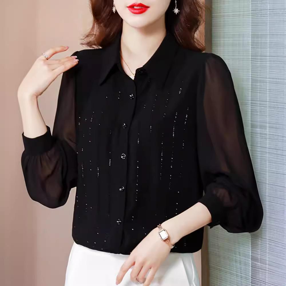 Black Chiffon Shirt Women's Outfit Early Spring Autumn Winter New Fashionable Top Beautiful Shirt Long Sleeve Shirt