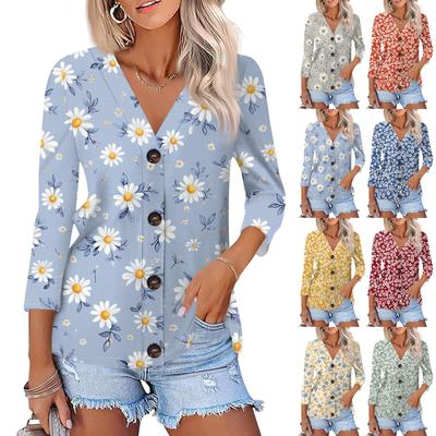 Camisa casual de moda para mujer con estampado de botones y manga larga 3/4