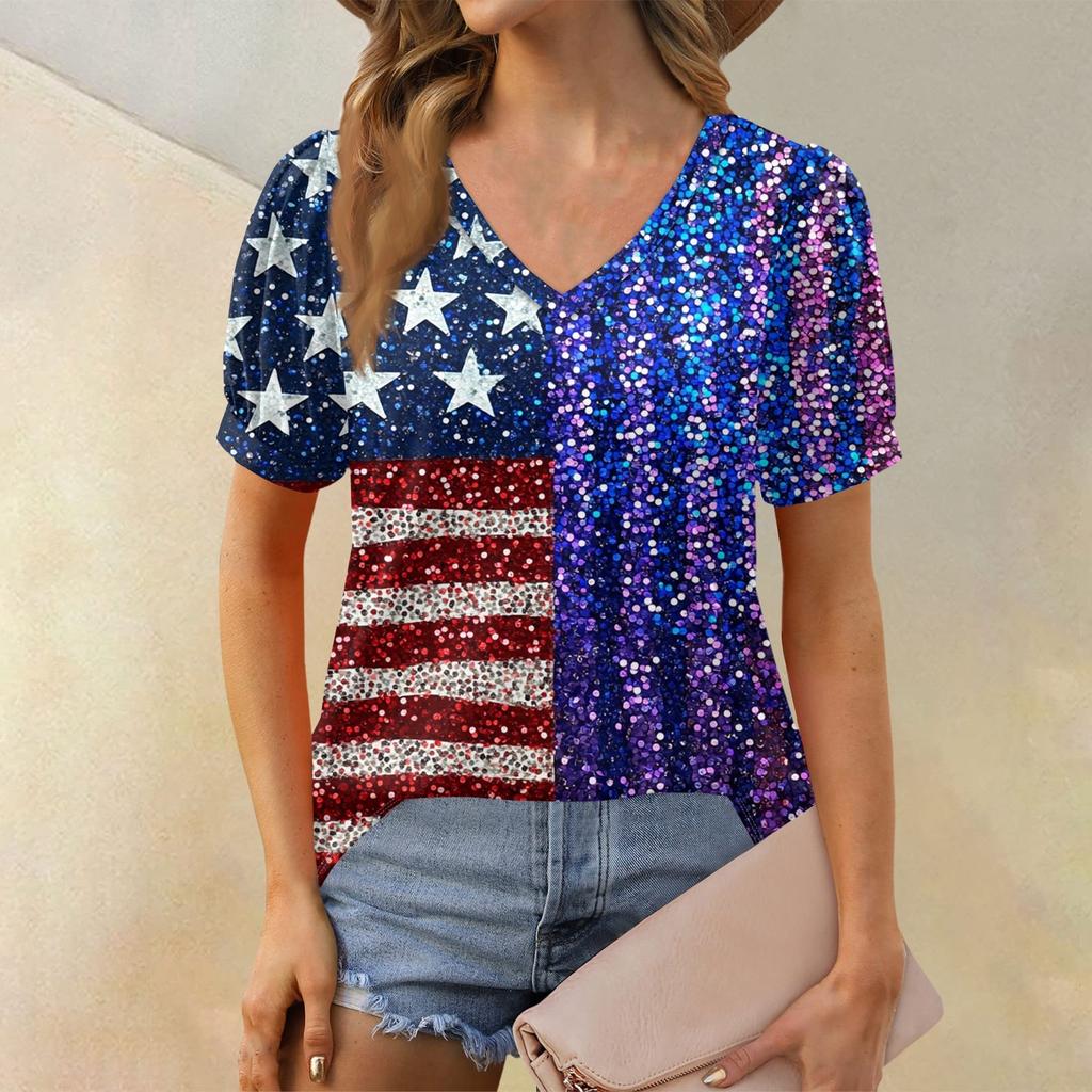 Women's Fashion Independence Day Print Top Puff Short Sleeve V-neck T-shirt Loose Casual T-shirt